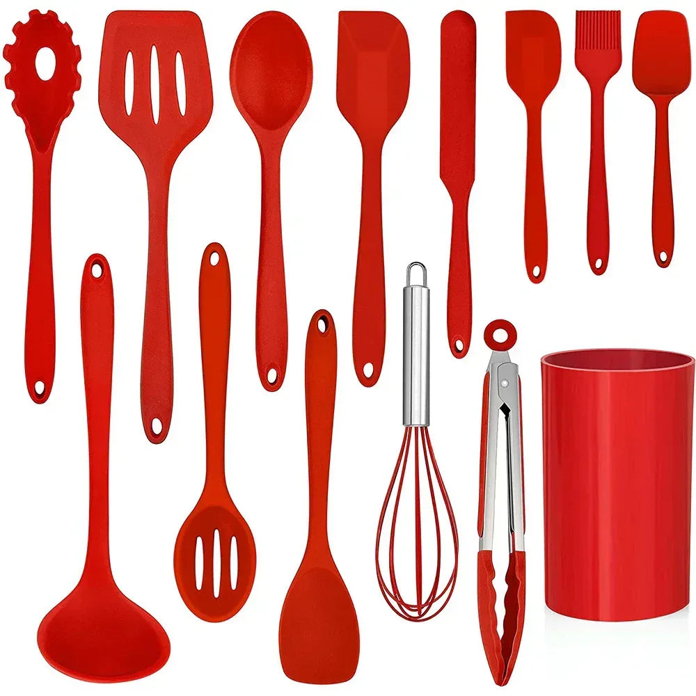 Walchoice 14 Pcs Cooking Utensils Set with Holder, Heat Resistant Silicone Kitchen Cookware Utensils Set, Kitchen Cooking Tools Includes Spatula Spoon Turner Whisk Tong, Dishwasher safe, Black