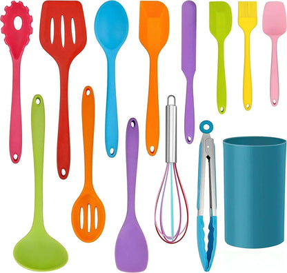Walchoice 14 Pcs Cooking Utensils Set with Holder, Heat Resistant Silicone Kitchen Cookware Utensils Set, Kitchen Cooking Tools Includes Spatula Spoon Turner Whisk Tong, Dishwasher safe, Black