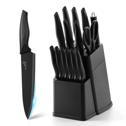 Walchoice 15 Pieces Knife Set with Block, High Carbon Stainless Steel Kitchen Knife Set with Sharpener, Rust Resistant & Dishwasher Safe