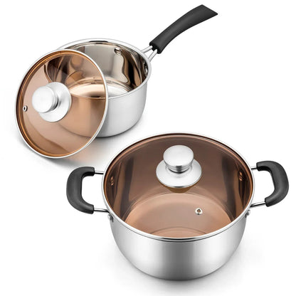 Walchoice 2QT & 1QT Saucepan Set, Stainless Steel Soup Pot with Lid for Home Restaurant, Heat-Proof Handles & Dishwasher Safe