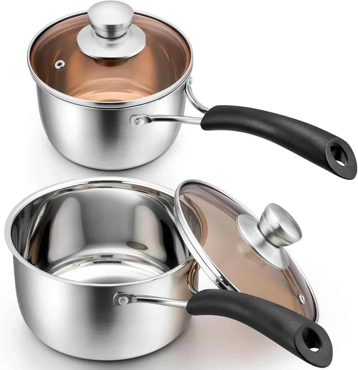Walchoice 2QT & 1QT Saucepan Set, Stainless Steel Soup Pot with Lid for Home Restaurant, Heat-Proof Handles & Dishwasher Safe