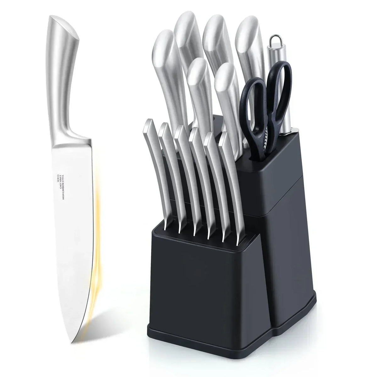 Walchoice 15 Pieces Knife Set with Block, High Carbon Stainless Steel Kitchen Knife Set with Sharpener, Rust Resistant & Dishwasher Safe