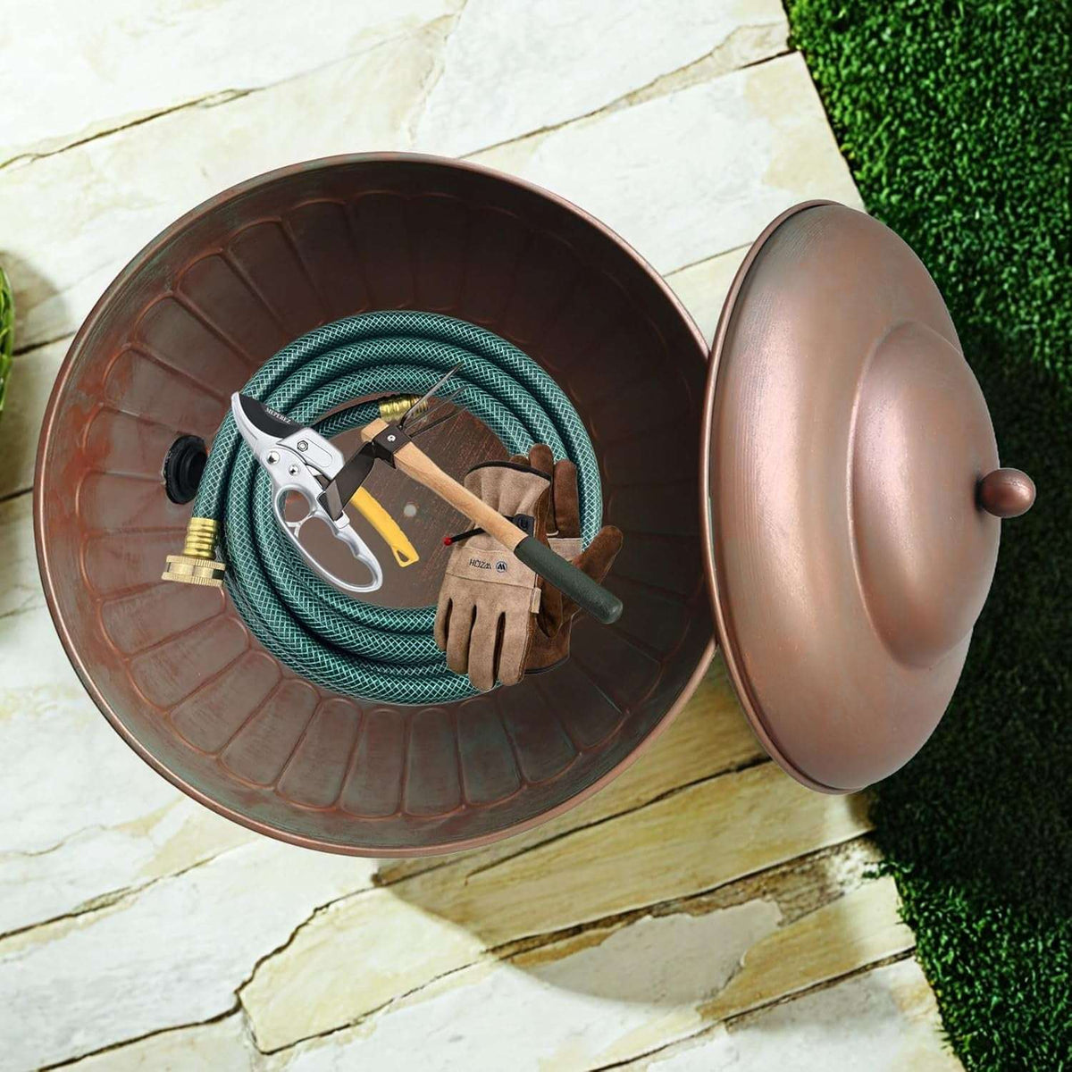BSTGIFTS Garden Water Hose Holder - Decorative Metal Pot, Metal Hose Storage Pot, Garden Storage Organizer, Patio Portable Bucket - Antique Copper Accents, Holds up to 100ft Hoses (Embossed)