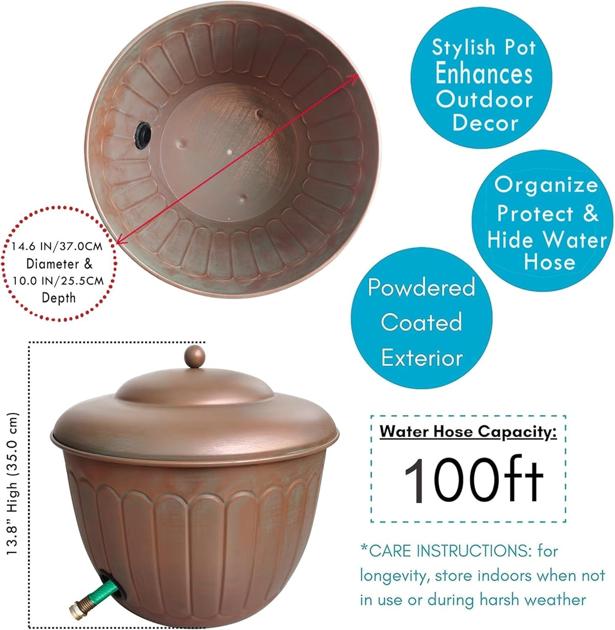 BSTGIFTS Garden Water Hose Holder - Decorative Metal Pot, Metal Hose Storage Pot, Garden Storage Organizer, Patio Portable Bucket - Antique Copper Accents, Holds up to 100ft Hoses (Embossed)