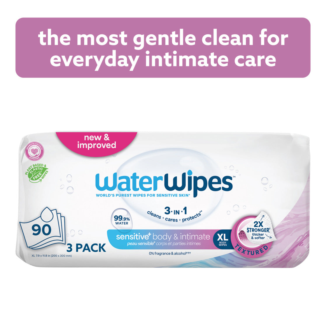 WaterWipes Sensitive Body & Intimate Wipes, 3-In-1 Cleans, Cares, Protects, 99.9% Water, Unscented & Hypoallergenic Hygiene Wet Wipes, Adult Care, 3 Packs (90 Wipes)