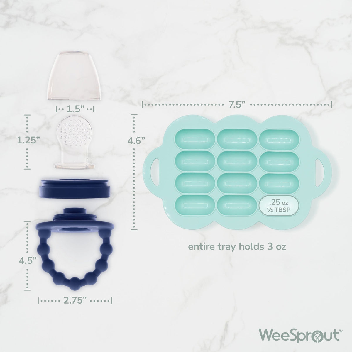 WeeSprout Silicone Baby Feeder Teether Set with Extra Pouches & Freezer Tray