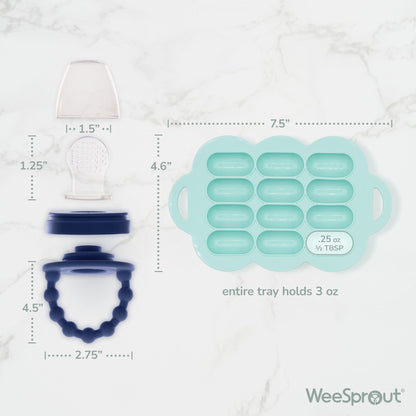 WeeSprout Silicone Baby Feeder Teether Set with Extra Pouches & Freezer Tray