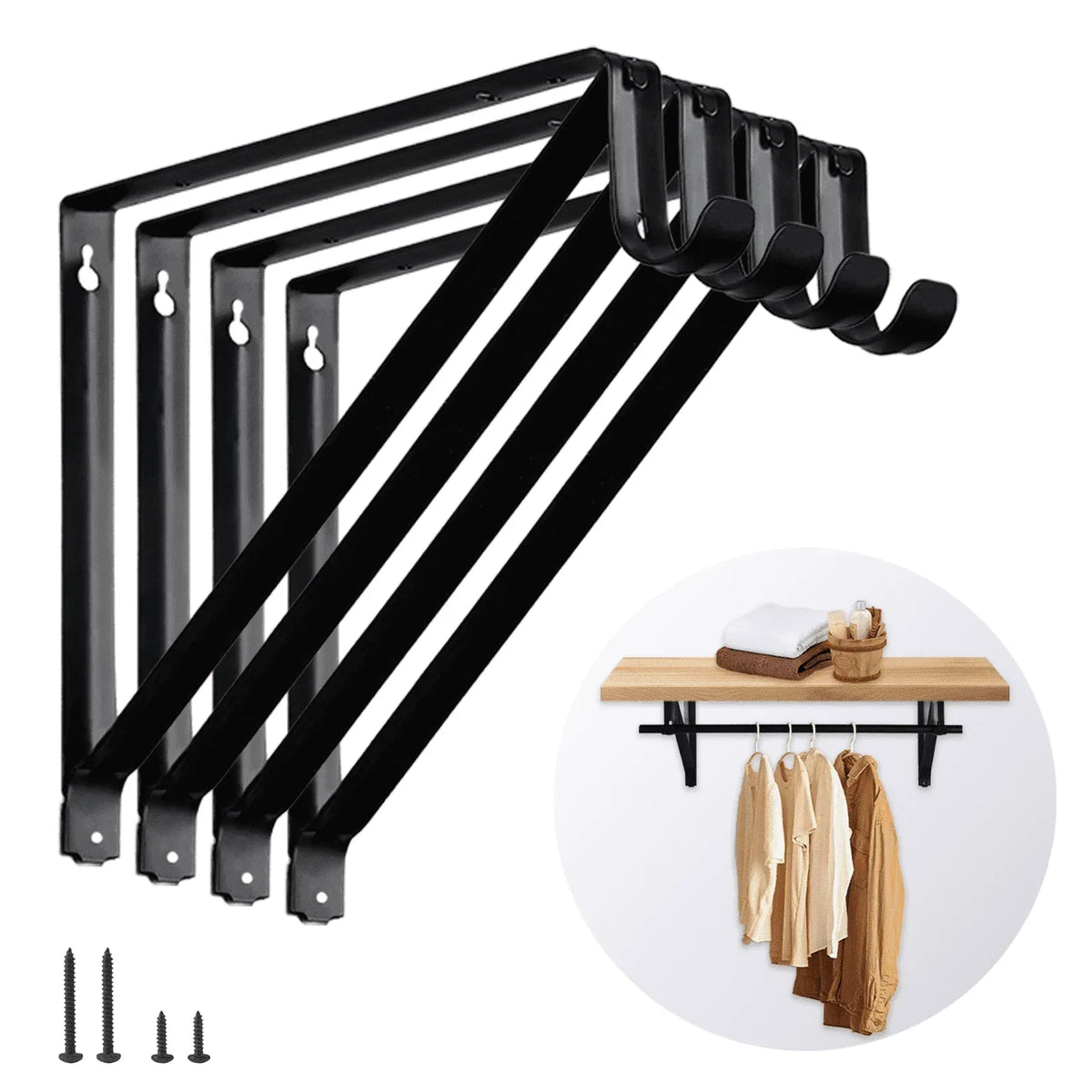 WellMade 11 x 9.5 in Wall Mounted Closet Rod Brackets 2 Pack, Steel Shelves Support with Rod Shelving Support, Black with Screws
