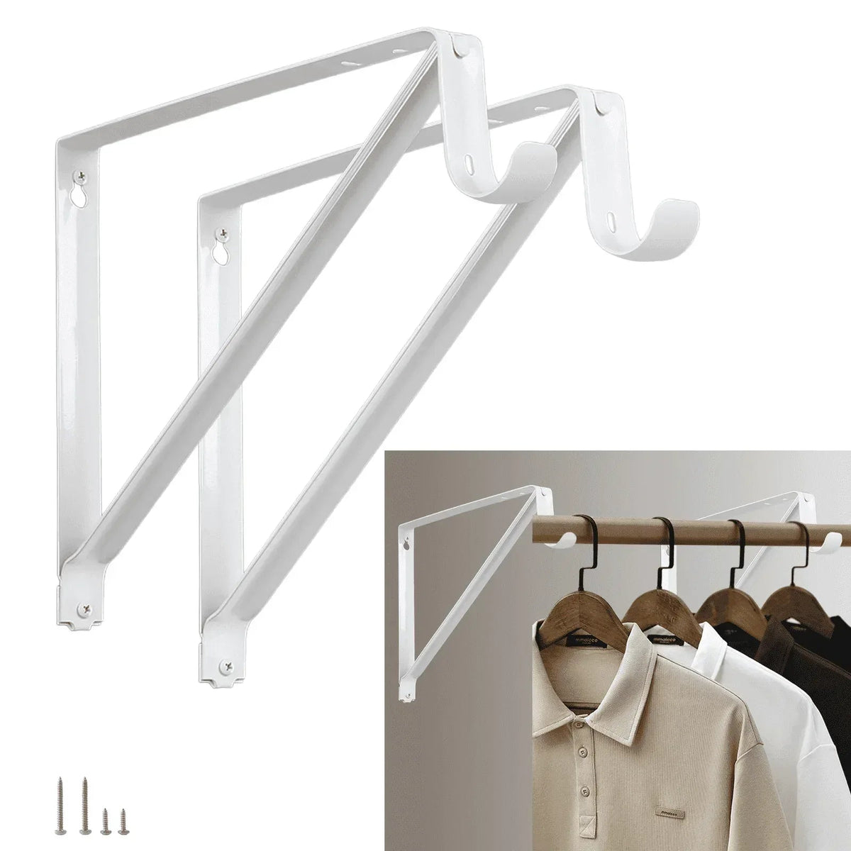 WellMade 11 x 9.5 in Wall Mounted Closet Rod Brackets 2 Pack, Steel Shelves Support with Rod Shelving Support, Black with Screws