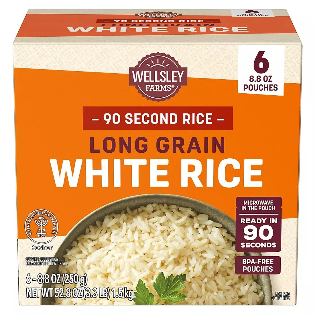 Wellsley Farms Organic Long Grain Brown Rice, Microwave Pouches, Ready In 90 Seconds, 6 pk./8.8 oz.