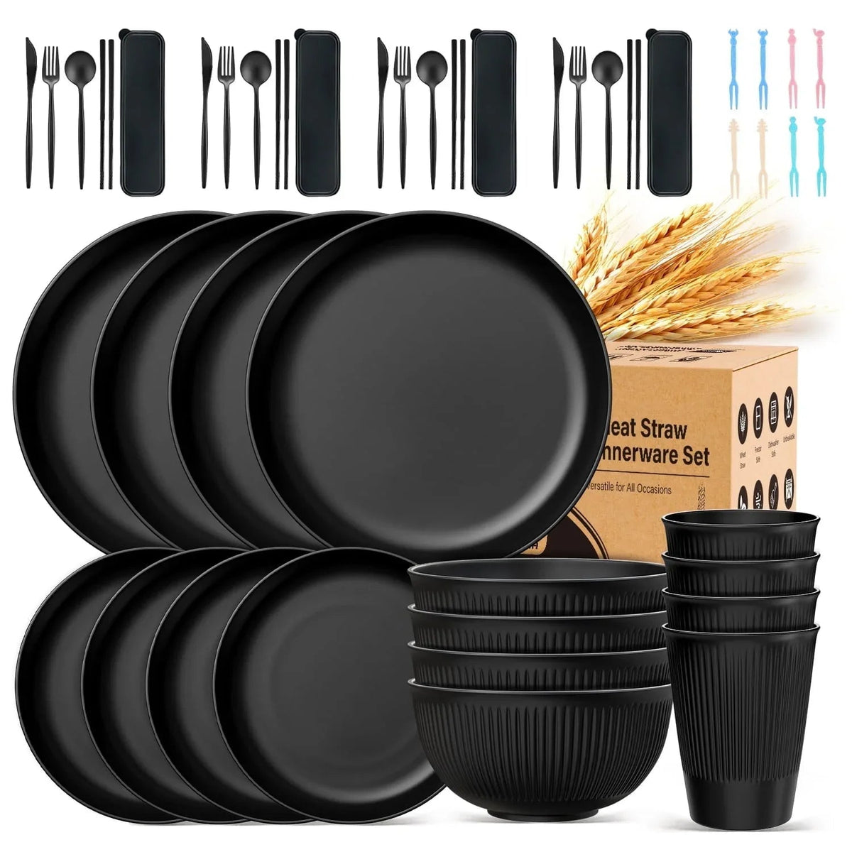 TINANA Wheat Straw Dinnerware Set, Service for 4, 48 PCS Unbreakable Plastic Plates and Bowls Sets, Dishwasher Microwave Safe, Black