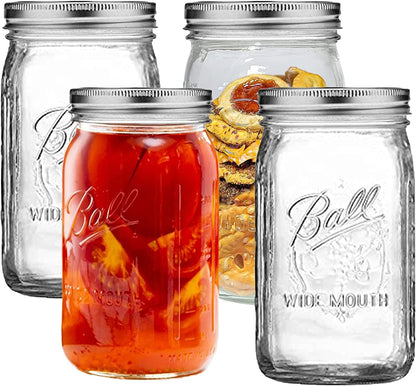 Wide Mouth Mason Jars 32 oz - (4 Pack) Ball Wide Mouth 32-Ounces Quart Mason Jars With Airtight lids and M.E.M Rubber Jar Opener Included