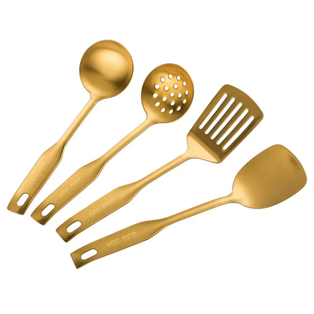 Wok Spatula and Ladle, Skimmer Spoon, Slotted Spatula - 304 Stainless Steel Kitchen Utensils Set, 4-Pieces Cooking Tools,Wok Accessoriesgolden