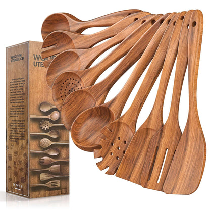 GPED Wooden Spoons for Cooking, 6 PCS Teak Wood Cooking Utensil Set, Wooden Kitchen Utensils for Nonstick Pans & Cookware, Spoons and Spatula Set, Sturdy, Lightweight & Heat Resistant