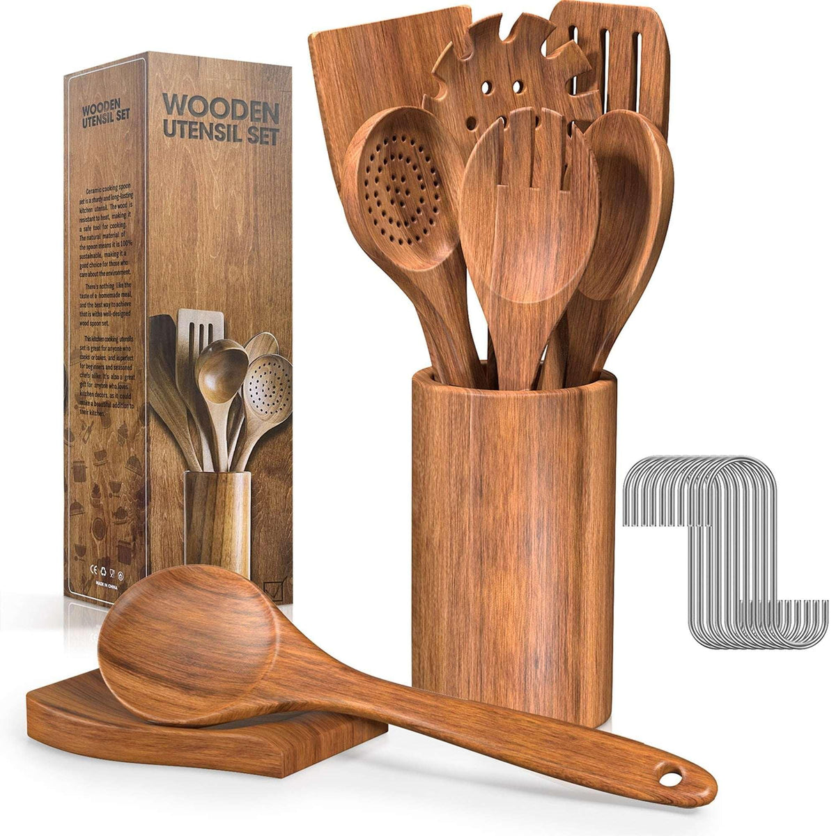 GPED Wooden Spoons for Cooking, 6 PCS Teak Wood Cooking Utensil Set, Wooden Kitchen Utensils for Nonstick Pans & Cookware, Spoons and Spatula Set, Sturdy, Lightweight & Heat Resistant