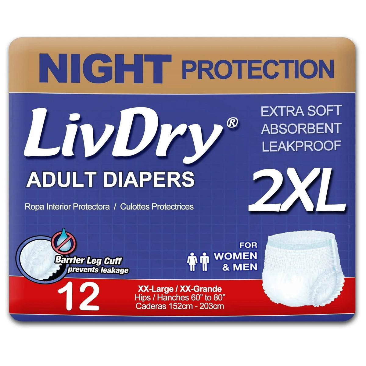 LivDry Overnight Adult Diapers for Women and Men, Max Protection Incontinence Underwear