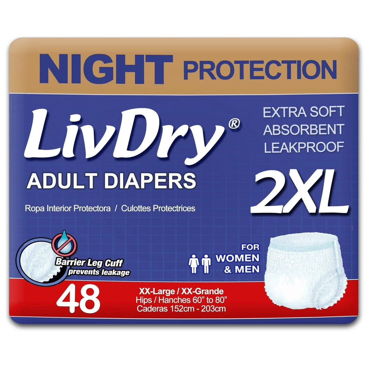 LivDry Overnight Adult Diapers for Women and Men, Max Protection Incontinence Underwear