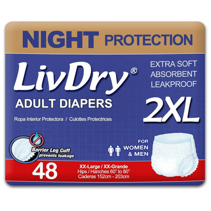 LivDry Overnight Adult Diapers for Women and Men, Max Protection Incontinence Underwear