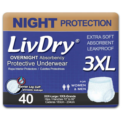 LivDry Overnight Adult Diapers for Women and Men, Max Protection Incontinence Underwear