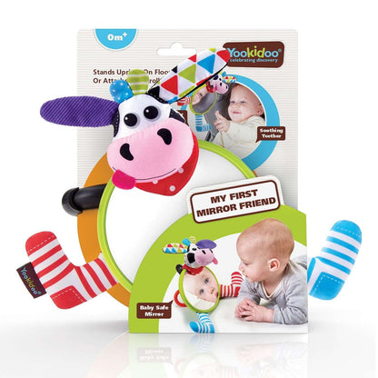 Yookidoo My First Mirror Friend - Baby Safe Tummy Time Toy for Infants 0-6 Months, Mirror & Rattle - Cow Design