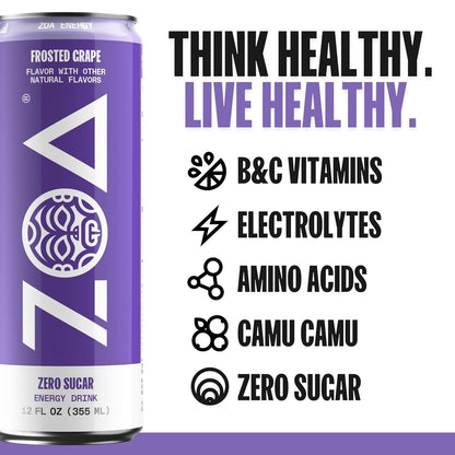 ZOA Zero Sugar Energy Drinks with Electrolytes, Vitamin C, Amino Acids, B-Vitamins, Made with Green Tea Caffeine, Sugar-Free Variety Pack- Four Flavors, 12 Fl Oz Cans (12-Pack)