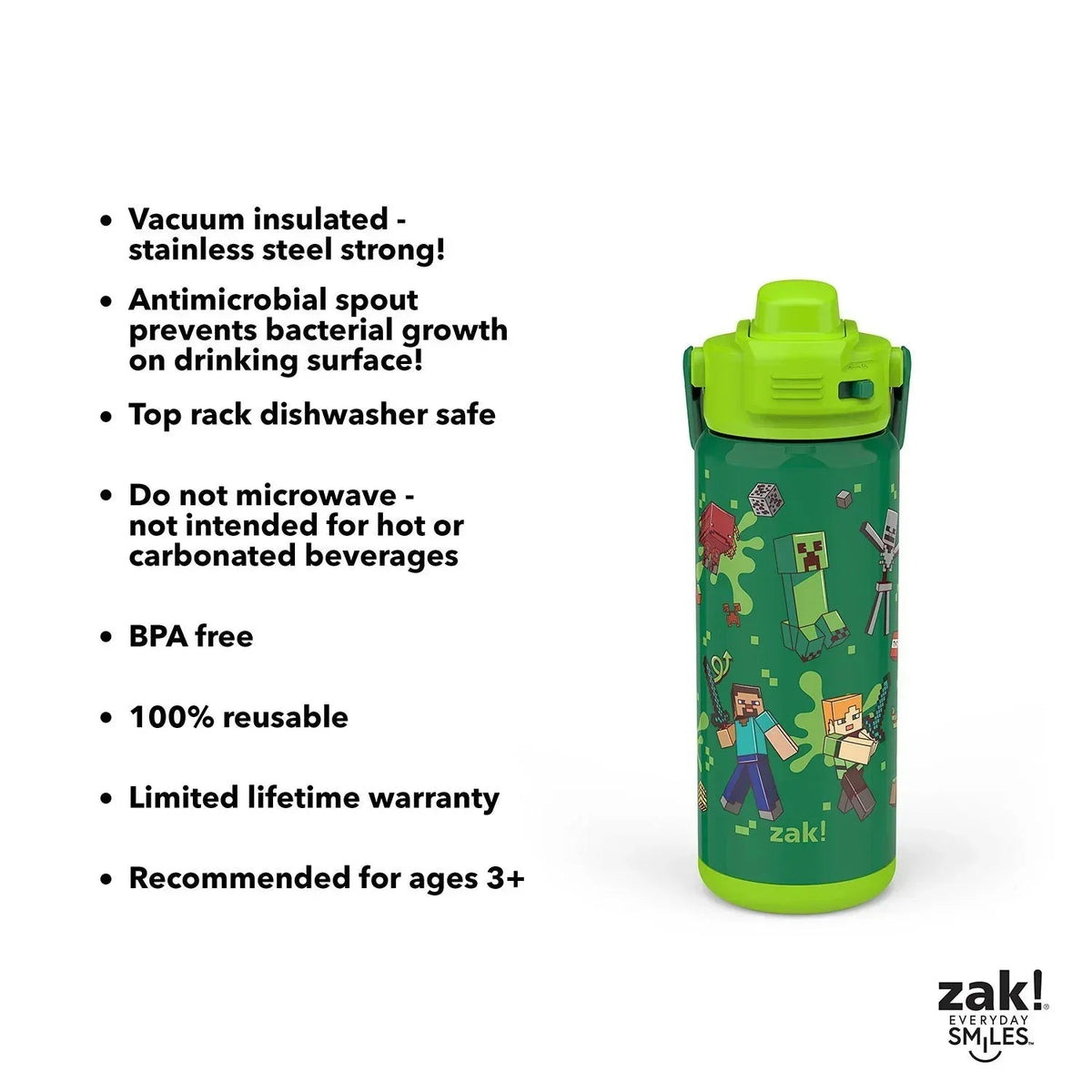 Zak Designs Beacon Stainless Steel Straw Bottle, 20 oz, Double-Wall Insulated, Kids, 2 Pack
