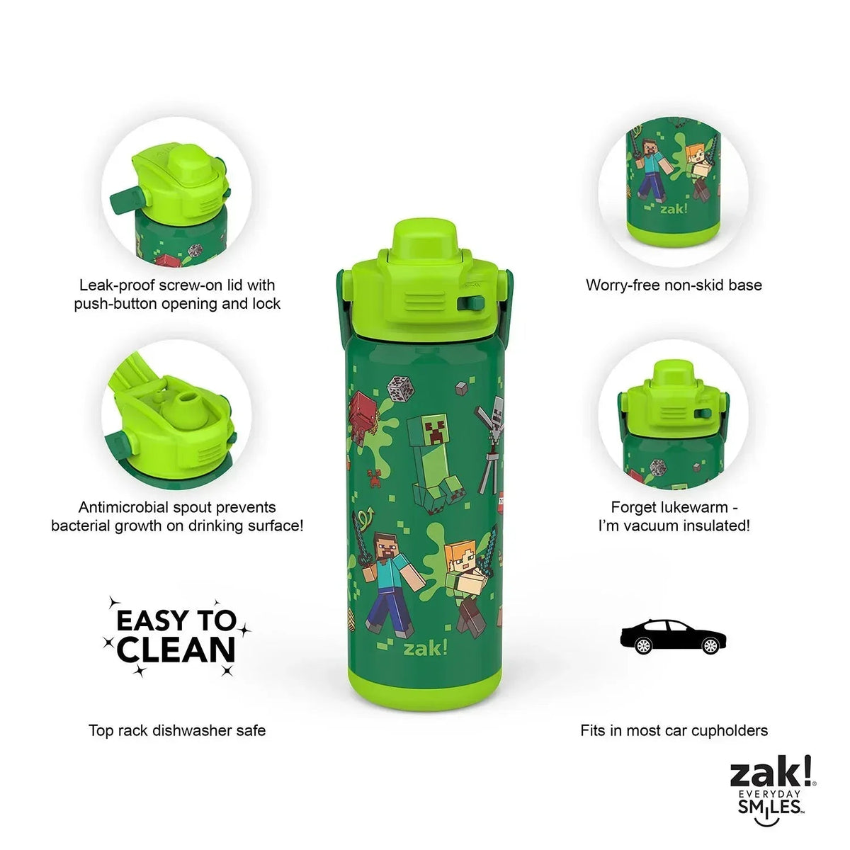 Zak Designs Beacon Stainless Steel Straw Bottle, 20 oz, Double-Wall Insulated, Kids, 2 Pack