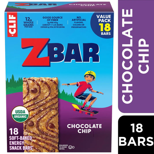 Zbar Chocolate Chip Flavor Soft Baked Snack Bars, Organic Granola Bars, 18ct