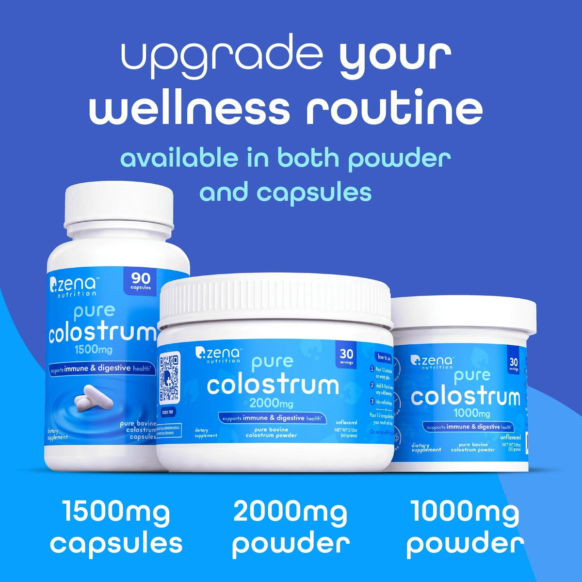 Zena Nutrition Colostrum Premium Powder, Gluten Free, Unflavored, 1000mg, 30 Servings