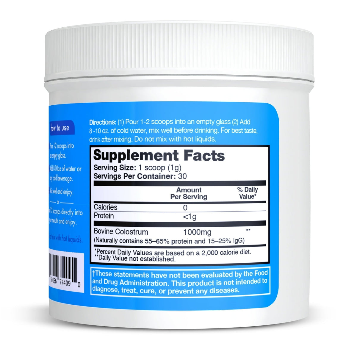 Zena Nutrition Colostrum Premium Powder, Gluten Free, Unflavored, 1000mg, 30 Servings