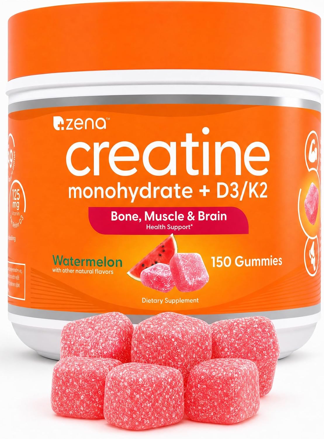 Zena Nutrition Creatine Gummies with D3 & K2, Creatine Monohydrate for Men and Women, Supports Bone, Muscle, & Cognitive Health, Gummy Workout Supplement, Watermelon Flavor, 150ct, 30 Daily Servings