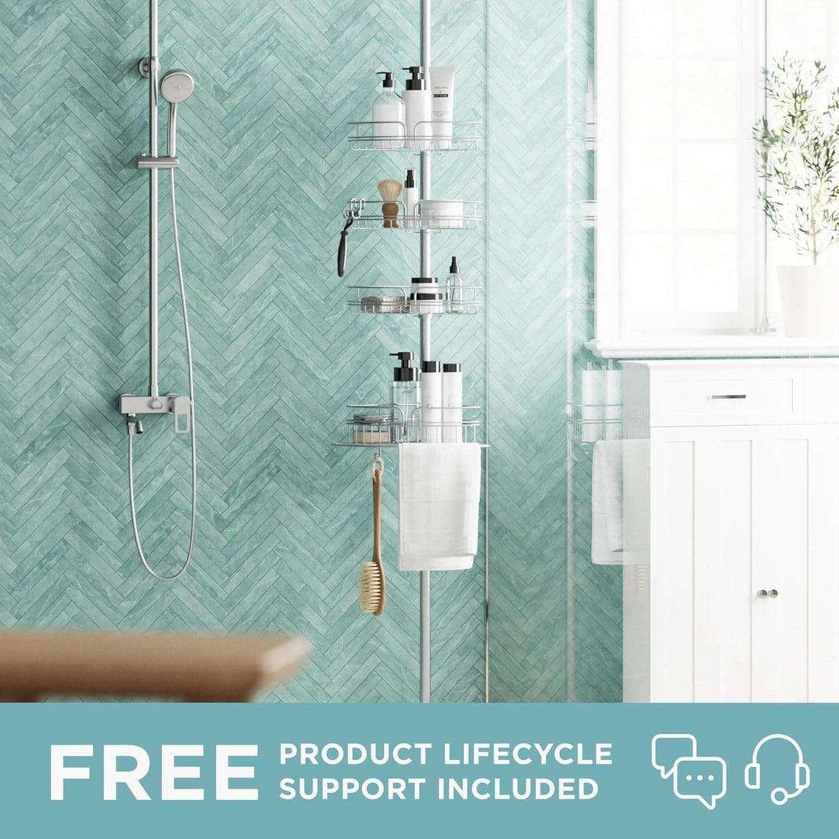 Zenna Home Tension Pole Shower Caddy Corner Organizer, Adjustable Standing Shower Caddy with 4 Baskets and Built in Towel Bar, Rust Resistant Bathroom Tension Rod Organizer, 60 to 97 Inch