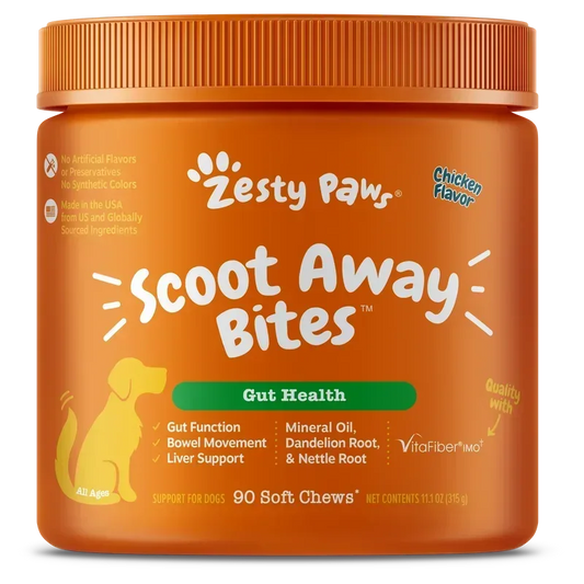 Zesty Paws Scoot Away Bites for Dogs, Digestive Support Functional Dog Supplement, Chicken Flavor, 90 Count Soft Chews