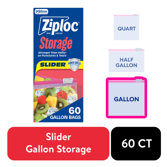 Ziploc® Brand Food Storage Slider Gallon Bags, Power Shield™ Technology, Expandable Bottom, 60 Count
