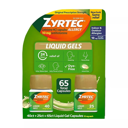 Zyrtec 24-Hour Allergy Relief Liquid Gels, 10 mg Cetirizine HCl, 65 Count