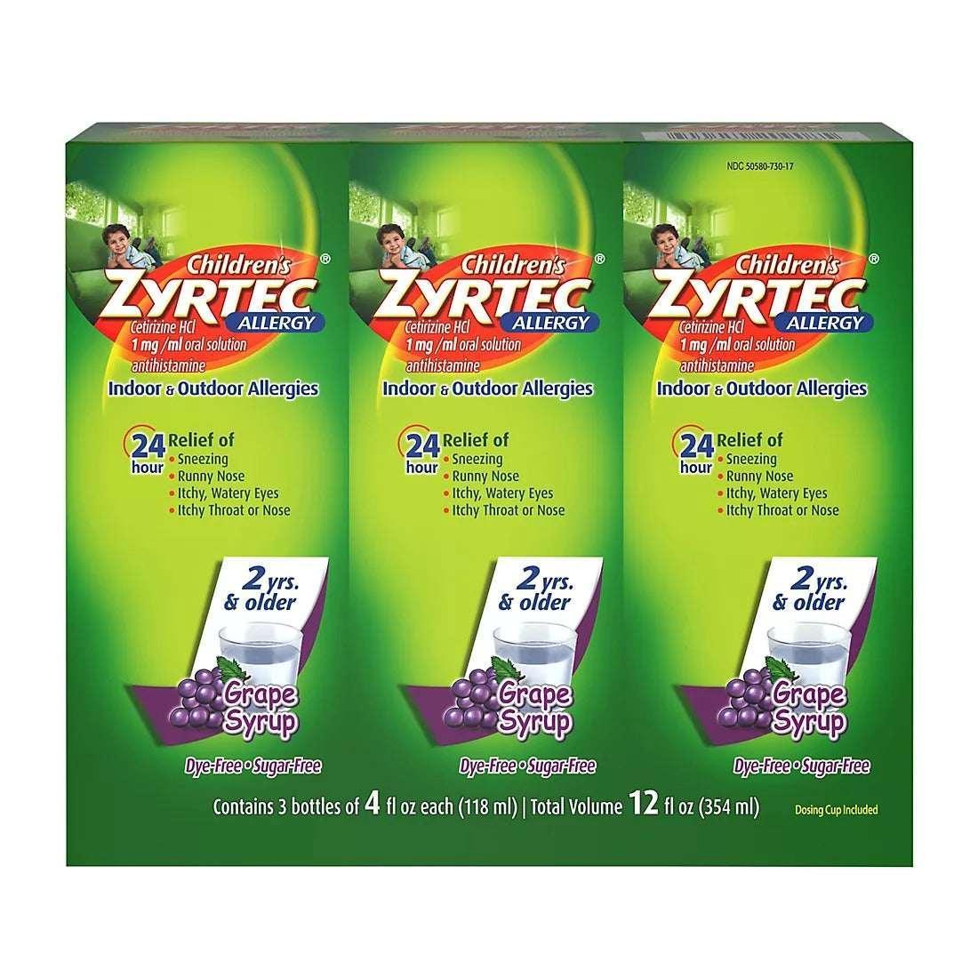 Zyrtec Children’s 24-Hour Allergy Relief Syrup, Grape Flavor, 4 fl oz Bottles, 3 Pack