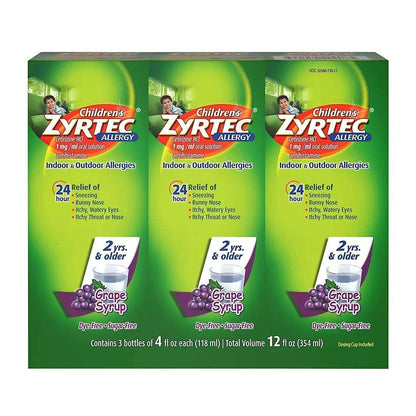 Zyrtec Children’s 24-Hour Allergy Relief Syrup, Grape Flavor, 4 fl oz Bottles, 3 Pack