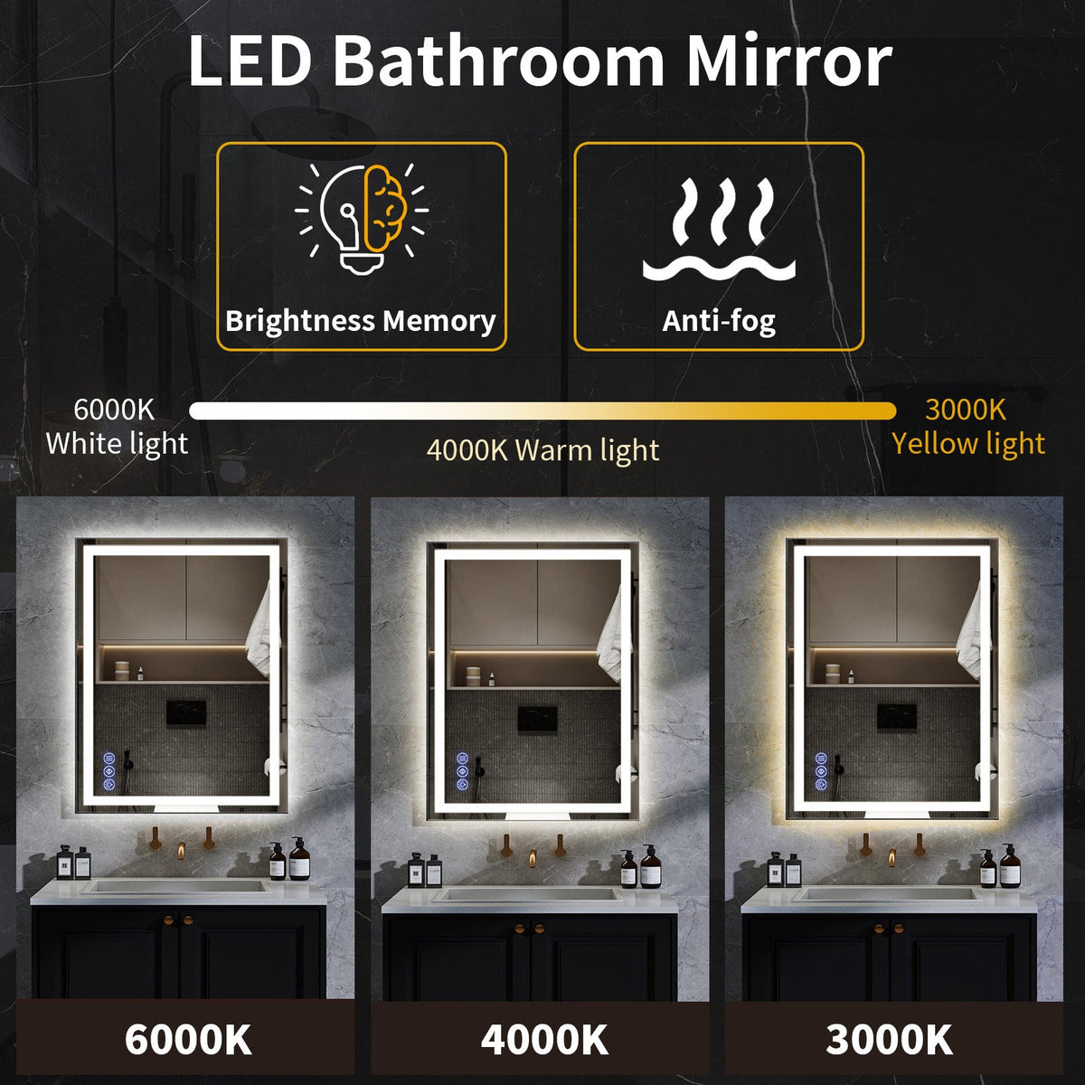 Easy4Home 24"x32" LED Bathroom Mirror Wall Mounted Anti-Fog Vanity Mirror with Adjustable Lights, White