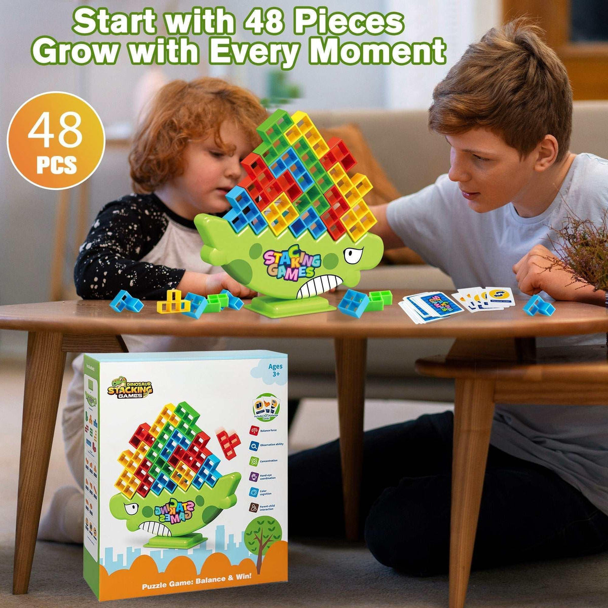PBALPADL Dinosaur Balance Stacking Blocks by Lktvy. 48PCS Educational STEM Toy for Kids Ages 3+, Safe ABS Construction, Fun Family Game for Focus & Fine Motor Skills