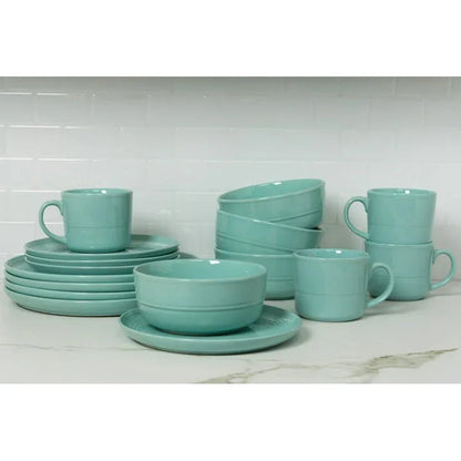 10 Strawberry Street Double Line 16 Piece Stoneware Dinnerware Set, Seafoam