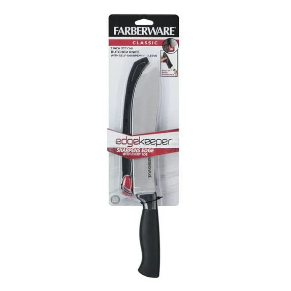 Farberware 7-inch Butcher Knife with Self-Sharpening Blade Cover, Sharp Kitchen Knife, Black