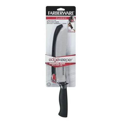 Farberware 7-inch Butcher Knife with Self-Sharpening Blade Cover, Sharp Kitchen Knife, Black