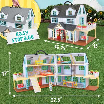 Honey Bee Acres Buzzby Farmhouse – 25 Piece Three-Story Country Dollhouse with Furniture & Exclusive Rabbit Figure – Doll Playset for Kids Ages 3+