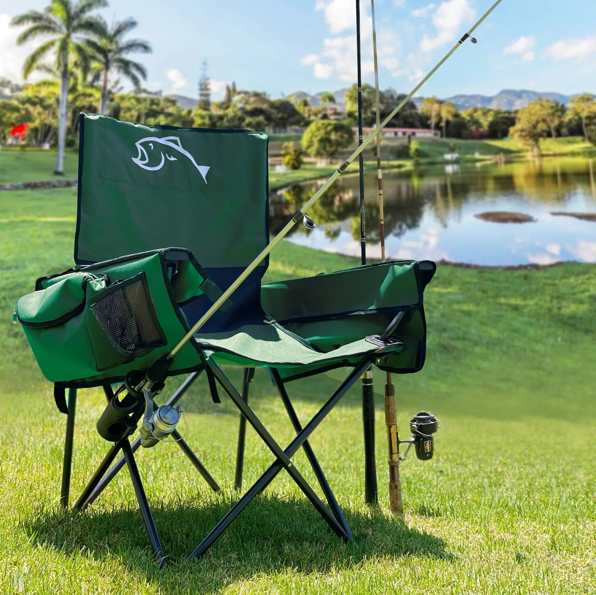 Fishing Chair with Rod Holder Built In Cooler Hands Free Fishing Pole Holder - Storage Pouch Storage Bag for Fishing Accessories Full Size Portable & Folding Ruler for Measuring Fish