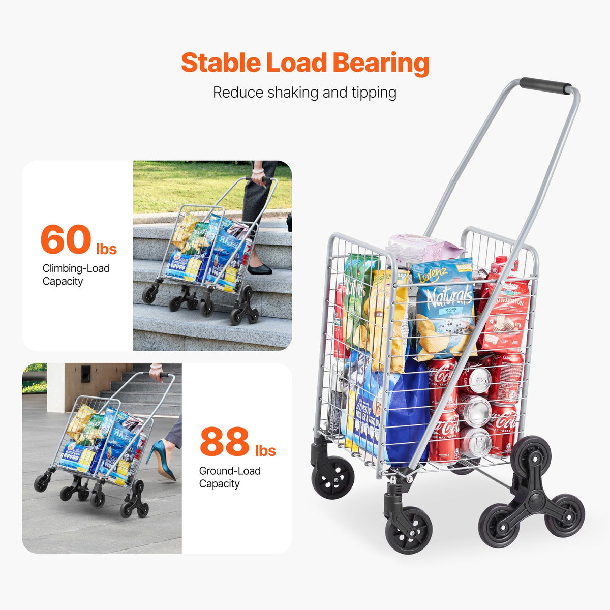 KFFKFF 45L Stair Climbing Grocery Cart with 360° Swivel Wheels, Foldable and Lightweight Utility Cart for Laundry, Travel, and Shopping, Silver