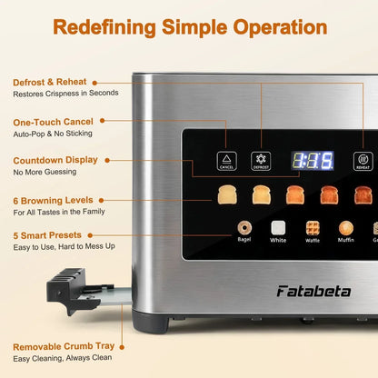 Fatabeta Toaster, 2 Slice Toaster with Dust Cover, Wide Slot for Bagel & Bread, 6-Shade Even Toasting, Defrost & Reheat, Smart LED Touchscreen, Stainless Steel