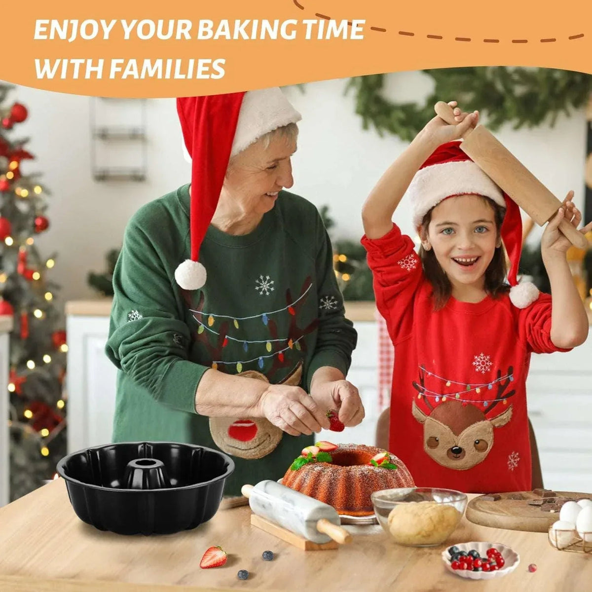 Vesteel 10 inch Bundt Cake Pan, Non-Stick Pan for Baking Brownie Flan Meatloaf, Carbon Steel Bakeware with Tube for Birthday Wedding Events, Heavy Duty & Durable - Black
