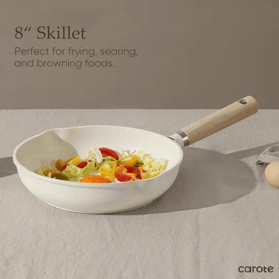 Carote Nonstick Frying Pan 8" Skillet With Induction, Egg Omelet Pan Non-Stick Chef's Pan Compatible for All Stoves, Bon Appetit, White Granite