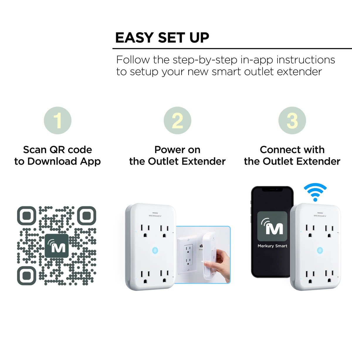 Merkury Innovations Smart 4-Outlet Wall Extender, 15A 1800W, Wi-Fi Enabled, Works with Alexa & Google Assistant – White
