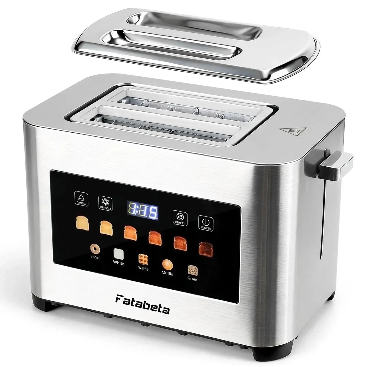 Fatabeta Toaster, 2 Slice Toaster with Dust Cover, Wide Slot for Bagel & Bread, 6-Shade Even Toasting, Defrost & Reheat, Smart LED Touchscreen, Stainless Steel
